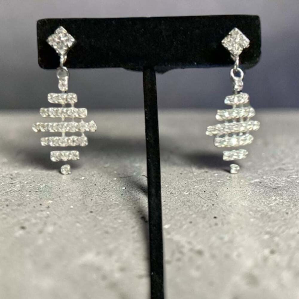 Vintage Sparkling Silver-Tone Geometric Crystal Dangle Drop Earrings